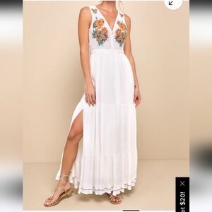 Lulus White Embroidered V-Neck Maxi Dress with Floral Accents